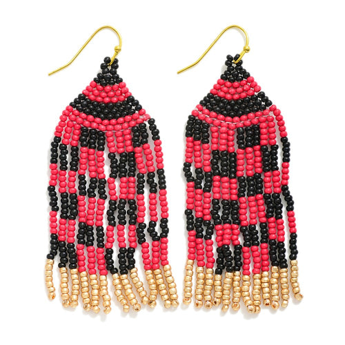 Checkered Seed Bead Tassel Game Day Drop Earrings (Black/Red)