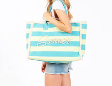 Load image into Gallery viewer, (Blue/Yellow) Striped Canvas Tote Bag Featuring Sewn Rope &#39;Summer&#39; &amp; Fringe Accents