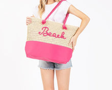 Load image into Gallery viewer, (Pink) Canvas &amp; Woven Straw Tote Bag With Rope Straps Featuring Sewn Rope &quot;Beach&quot; Detail