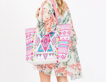 Load image into Gallery viewer, Neon Aztec Printed Canvas Tote Bag With Fringe Detail
