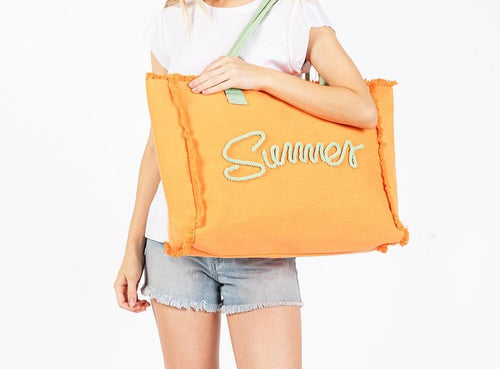 (Orange) Sewn Rope 'Summer' Letter Fringed Canvas Tote Bag
