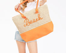 Load image into Gallery viewer, (Orange) Canvas &amp; Woven Straw Tote Bag With Rope Straps Featuring Sewn Rope &quot;Beach&quot; Detail