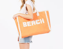 Load image into Gallery viewer, Canvas Tote Bag With &quot;BEACH&quot; Embroidered Canvas Patches Featuring Fringes Accents