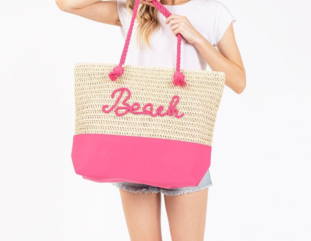 (Pink) Canvas & Woven Straw Tote Bag With Rope Straps Featuring Sewn Rope 
