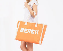 Load image into Gallery viewer, Canvas Tote Bag With &quot;BEACH&quot; Embroidered Canvas Patches Featuring Fringes Accents
