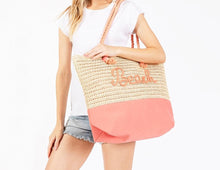 Load image into Gallery viewer, (Coral) Canvas &amp; Woven Straw Tote Bag With Rope Straps Featuring Sewn Rope &quot;Beach&quot; Detail
