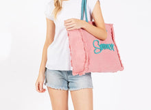 Load image into Gallery viewer, (Pink) Sewn Rope &#39;Summer&#39; Letter Fringed Canvas Tote Bag