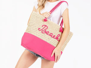 (Pink) Canvas & Woven Straw Tote Bag With Rope Straps Featuring Sewn Rope "Beach" Detail