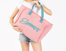 Load image into Gallery viewer, (Pink) Sewn Rope &#39;Summer&#39; Letter Fringed Canvas Tote Bag