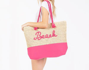 (Pink) Canvas & Woven Straw Tote Bag With Rope Straps Featuring Sewn Rope "Beach" Detail