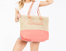 Load image into Gallery viewer, (Coral) Canvas &amp; Woven Straw Tote Bag With Rope Straps Featuring Sewn Rope &quot;Beach&quot; Detail