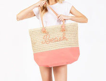 Load image into Gallery viewer, (Coral) Canvas &amp; Woven Straw Tote Bag With Rope Straps Featuring Sewn Rope &quot;Beach&quot; Detail