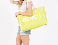 Load image into Gallery viewer, (Neon Yellow) Canvas Tote Bag With &quot;BEACH&quot; Embroidered Canvas Patches Featuring Fringes Accents