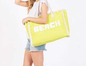(Neon Yellow) Canvas Tote Bag With "BEACH" Embroidered Canvas Patches Featuring Fringes Accents