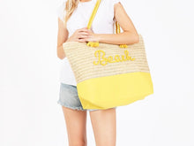 Load image into Gallery viewer, (Yellow) Canvas &amp; Woven Straw Tote Bag With Rope Straps Featuring Sewn Rope &quot;Beach&quot; Detail