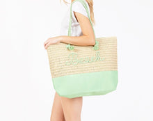 Load image into Gallery viewer, (Green) Canvas &amp; Woven Straw Tote Bag With Rope Straps Featuring Sewn Rope &quot;Beach&quot; Detail