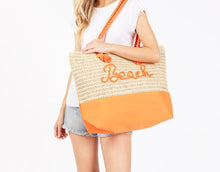 Load image into Gallery viewer, (Orange) Canvas &amp; Woven Straw Tote Bag With Rope Straps Featuring Sewn Rope &quot;Beach&quot; Detail