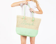 Load image into Gallery viewer, (Green) Canvas &amp; Woven Straw Tote Bag With Rope Straps Featuring Sewn Rope &quot;Beach&quot; Detail