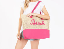 Load image into Gallery viewer, (Pink) Canvas &amp; Woven Straw Tote Bag With Rope Straps Featuring Sewn Rope &quot;Beach&quot; Detail