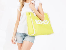 Load image into Gallery viewer, (Neon Yellow) Canvas Tote Bag With &quot;BEACH&quot; Embroidered Canvas Patches Featuring Fringes Accents