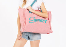 Load image into Gallery viewer, (Pink) Sewn Rope &#39;Summer&#39; Letter Fringed Canvas Tote Bag