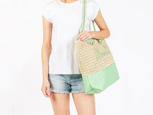 Load image into Gallery viewer, (Green) Canvas &amp; Woven Straw Tote Bag With Rope Straps Featuring Sewn Rope &quot;Beach&quot; Detail
