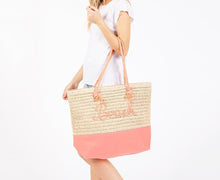 Load image into Gallery viewer, (Coral) Canvas &amp; Woven Straw Tote Bag With Rope Straps Featuring Sewn Rope &quot;Beach&quot; Detail