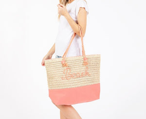 (Coral) Canvas & Woven Straw Tote Bag With Rope Straps Featuring Sewn Rope "Beach" Detail