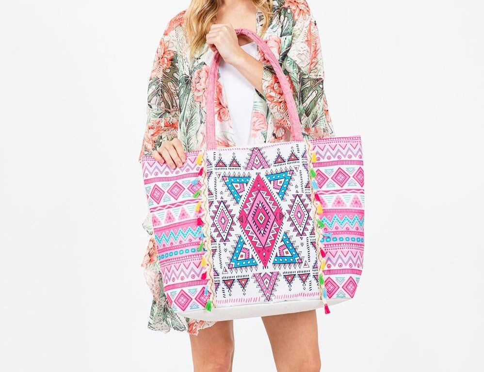 Neon Aztec Printed Canvas Tote Bag With Fringe Detail