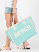 Load image into Gallery viewer, (Mint) Canvas Tote Bag With &quot;BEACH&quot; Embroidered Canvas Patches Featuring Fringes Accents