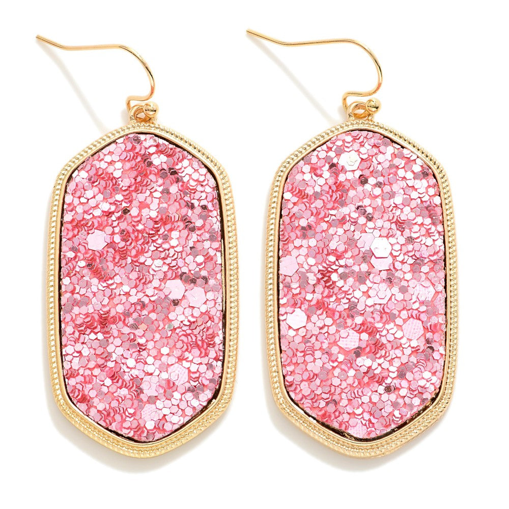 Long Glitter Hexagon Drop Earrings
(Pink)