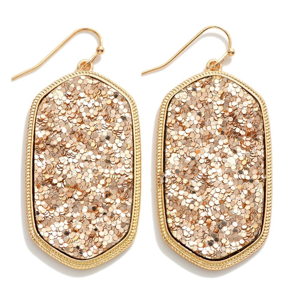 Long Glitter Hexagon Drop Earrings (Rose Gold)