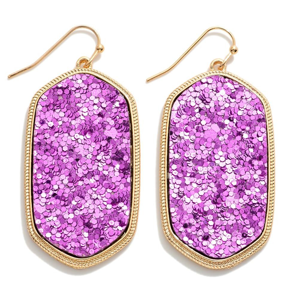 Long Glitter Hexagon Drop Earrings
(Purple)