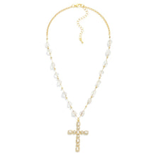 Load image into Gallery viewer, Polished Natural Stone Stations Necklace With Rhinestone Cross Pendant (White)