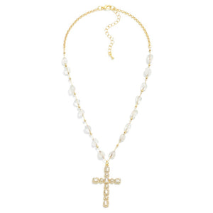 Polished Natural Stone Stations Necklace With Rhinestone Cross Pendant (White)