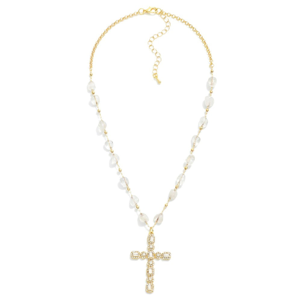 Polished Natural Stone Stations Necklace With Rhinestone Cross Pendant (White)