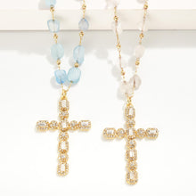 Load image into Gallery viewer, Polished Natural Stone Stations Necklace With Rhinestone Cross Pendant (White)