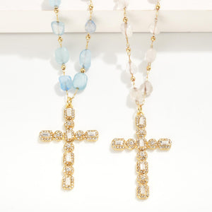 Polished Natural Stone Stations Necklace With Rhinestone Cross Pendant (White)