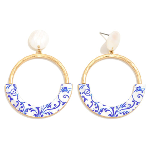 Gold Tone Hoop Drop Earrings With Pearlescent Chinoiserie Detail