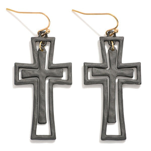 (Black) Nesting Painted Metal Cross Drop Earrings