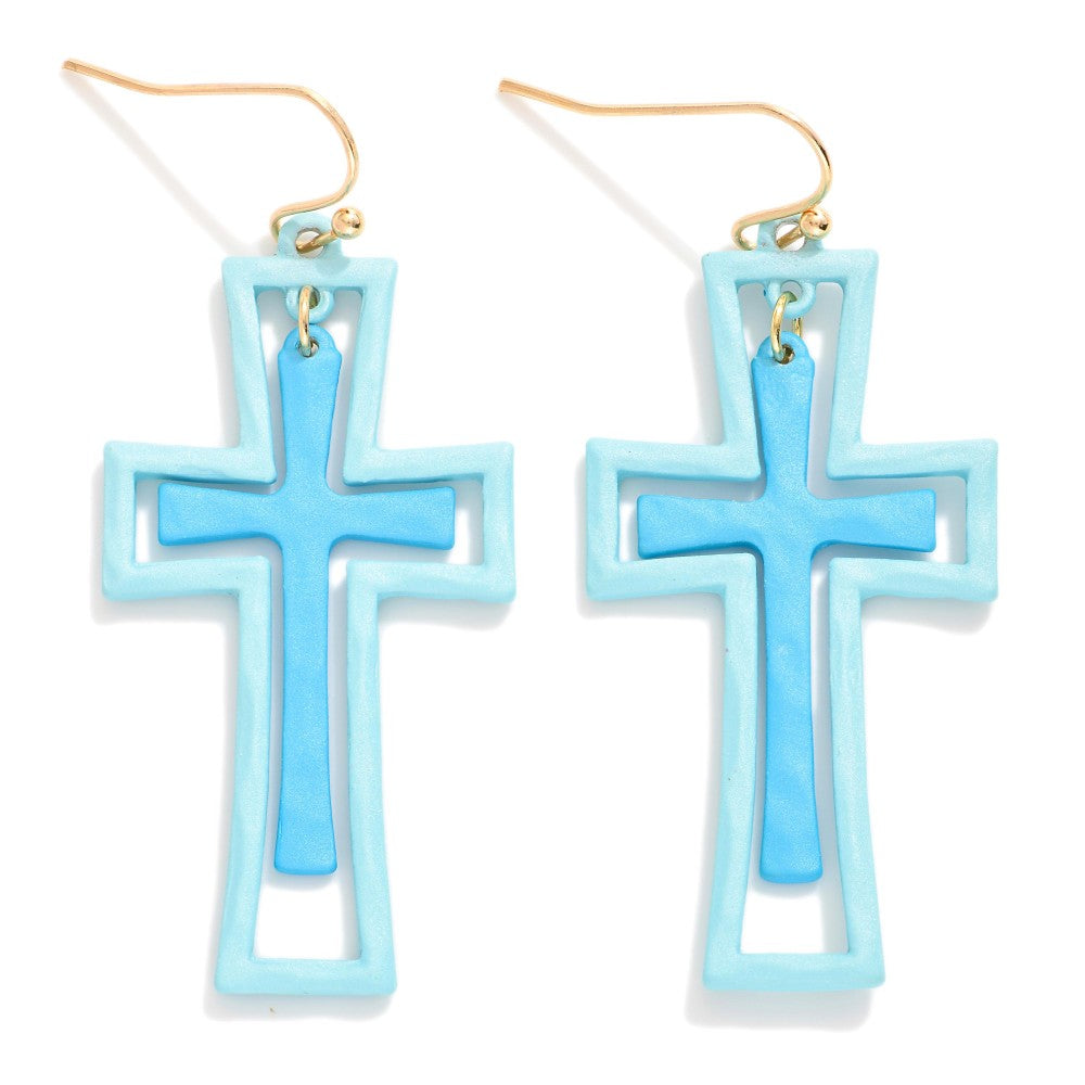 (Blue) Nesting Painted Metal Cross Drop Earrings