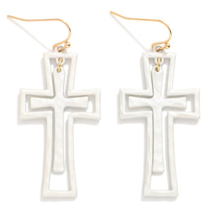 (White) Nesting Painted Metal Cross Drop Earrings