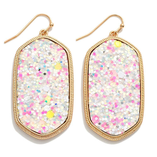 Long Glitter Hexagon Drop Earrings (White Multi)