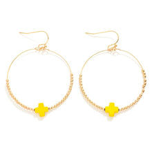 Load image into Gallery viewer, Metal Tone Beaded Hoop Earrings With Dainty Coated Cross Bead Focal
(Yellow)