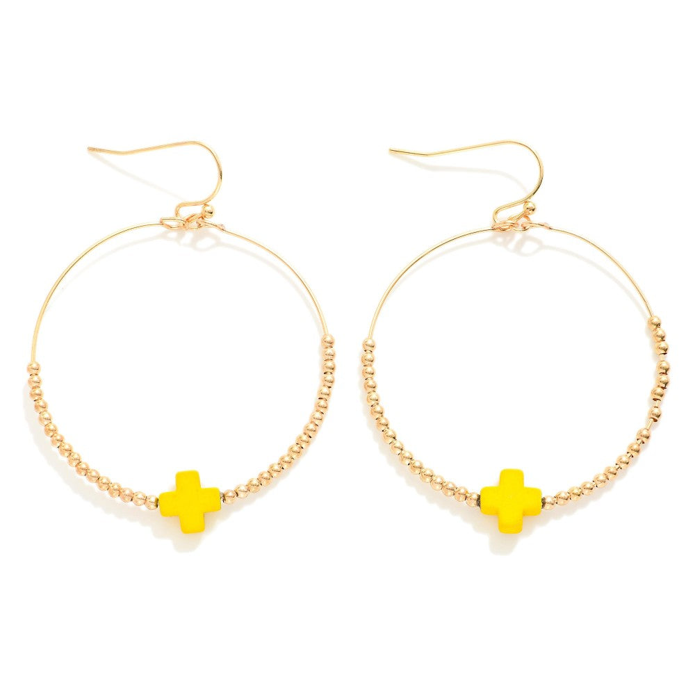 Metal Tone Beaded Hoop Earrings With Dainty Coated Cross Bead Focal
(Yellow)