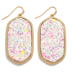 (White Multi) Long Glitter Hexagon Drop Earrings