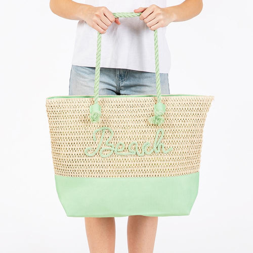 (Green) Canvas & Woven Straw Tote Bag With Rope Straps Featuring Sewn Rope 