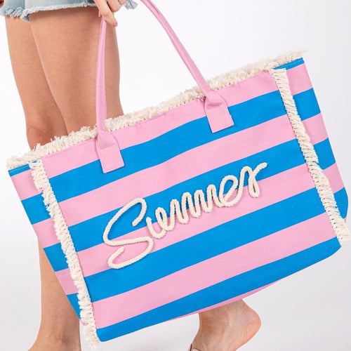 (Blue/Pink) Striped Canvas Tote Bag Featuring Sewn Rope 'Summer' & Fringe Accents