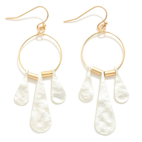 Metal Wire Hoop Drop Earrings Featuring Hammered Metal Tassels (White)
