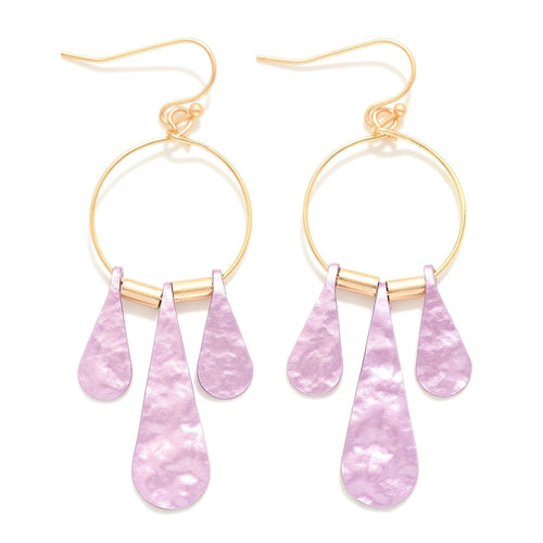 Metal Wire Hoop Drop Earrings Featuring Hammered Metal Tassels (Lavender)
